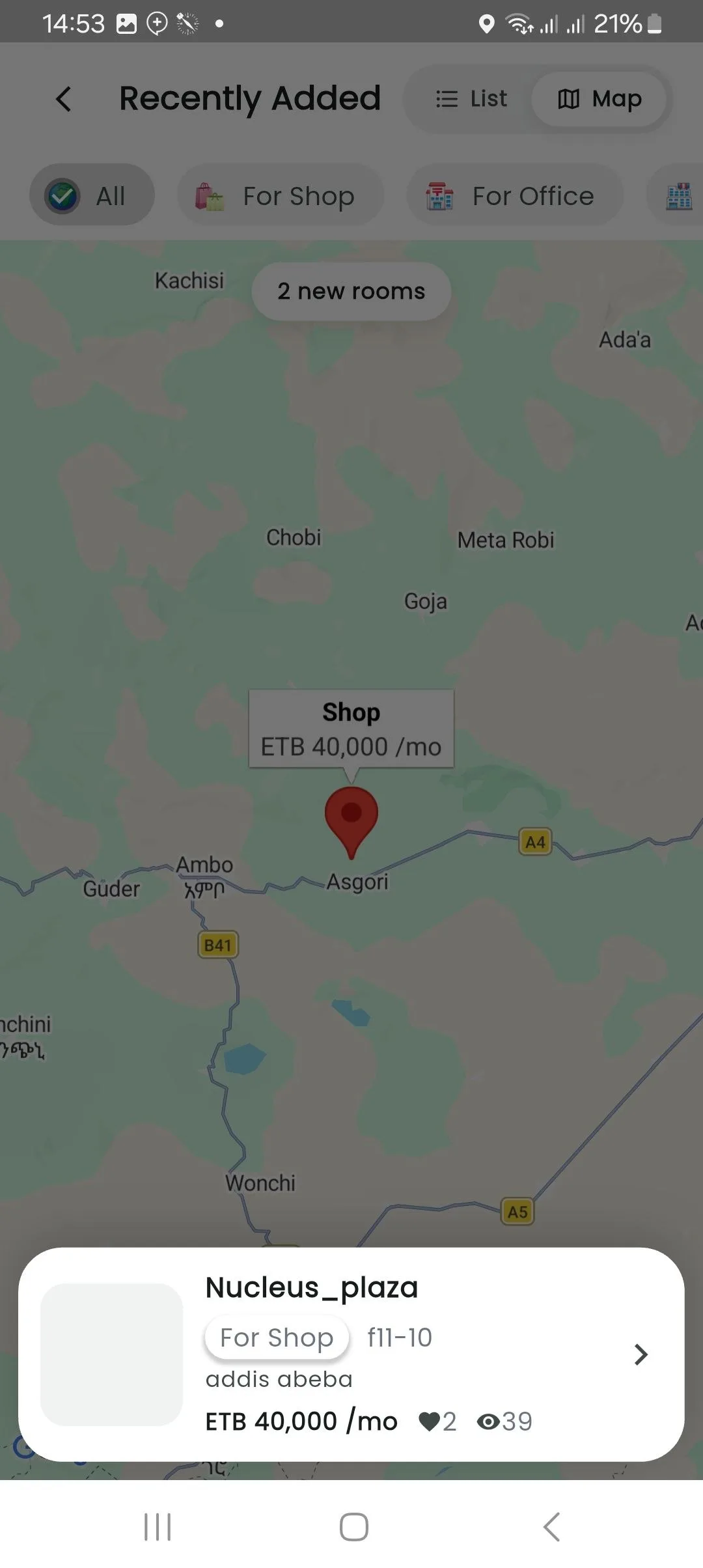 ክፍሎችንና ተከራዮችን የሚያሳይ የንብረት ዝርዝር እና በካርታ ላይ የንብረት እርካታ ስክሪን።
